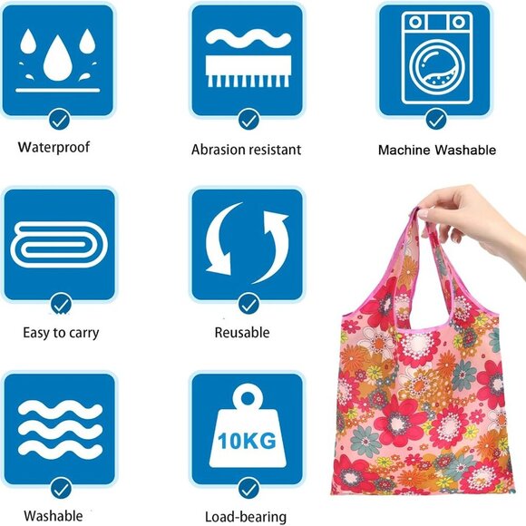 6 pcs Reusable Foldable Grocery Shopping Bags with Flower Patterns, Waterproof, - Picture 3 of 7